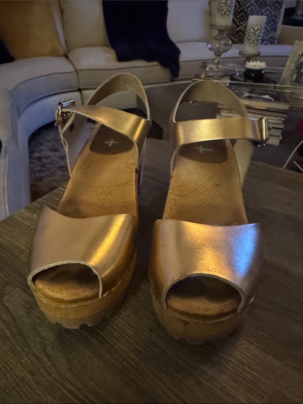 Women's Metallic Rose Gold Platform Sandals with Ankle Strap